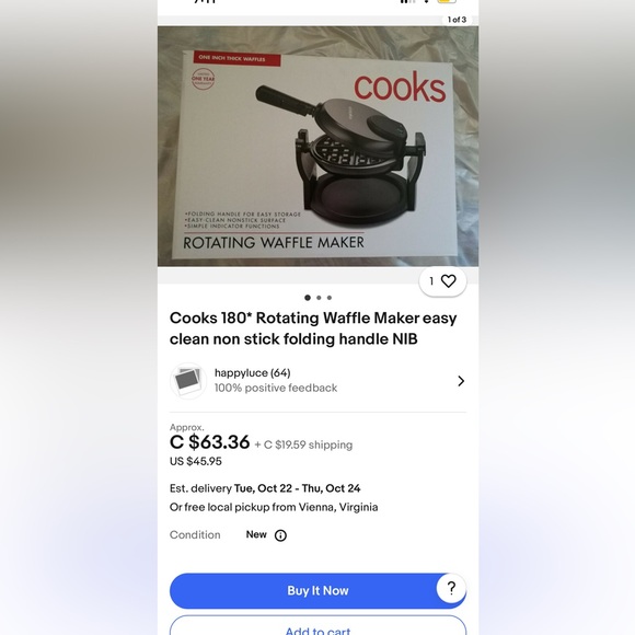 Cooks 180* Rotating Waffle Maker easy clean non stick folding handle NIB - Picture 5 of 5